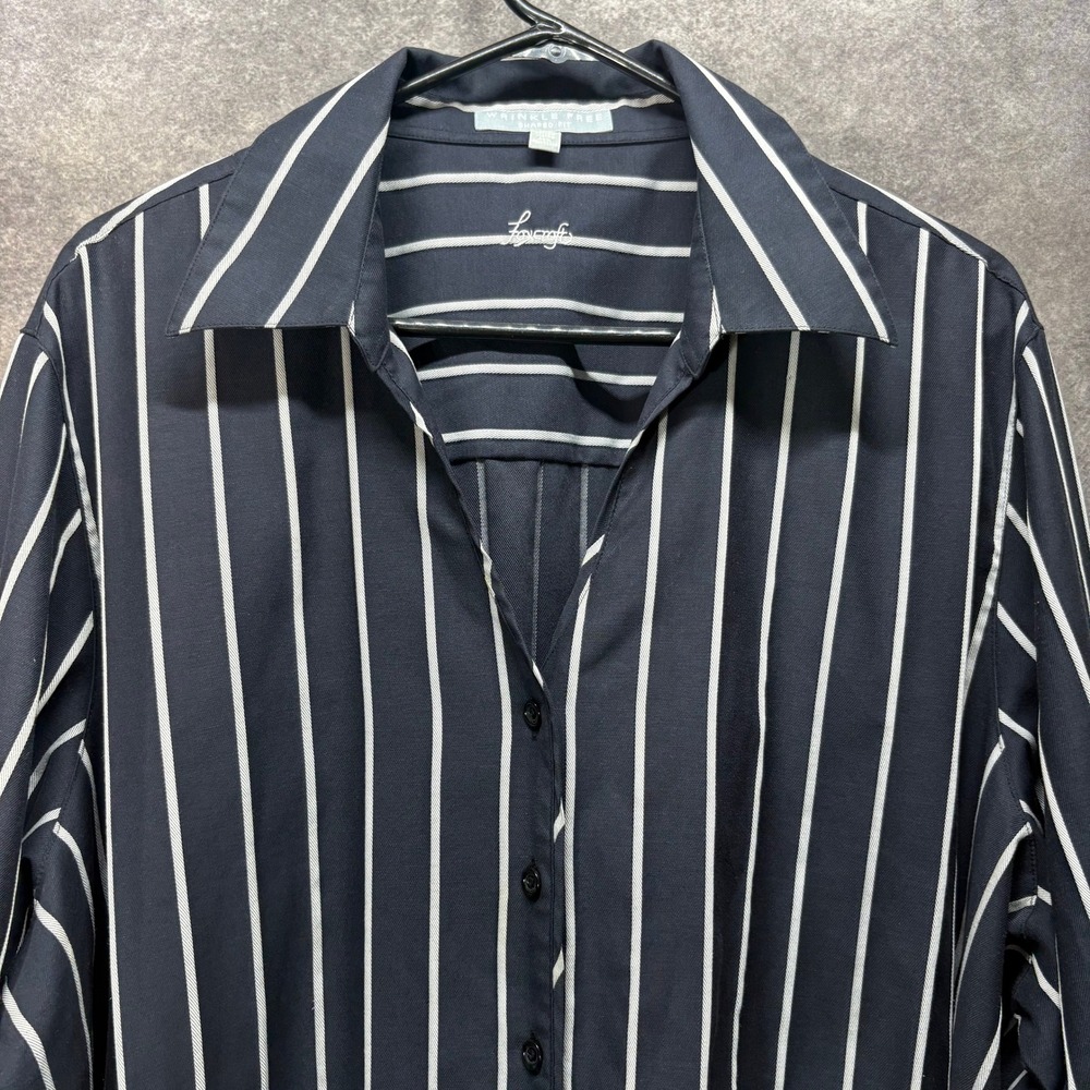 Foxcroft Navy White Striped Button Up Shirt Size 24W Wrinkle Free Shaped Fit - Picture 2 of 12